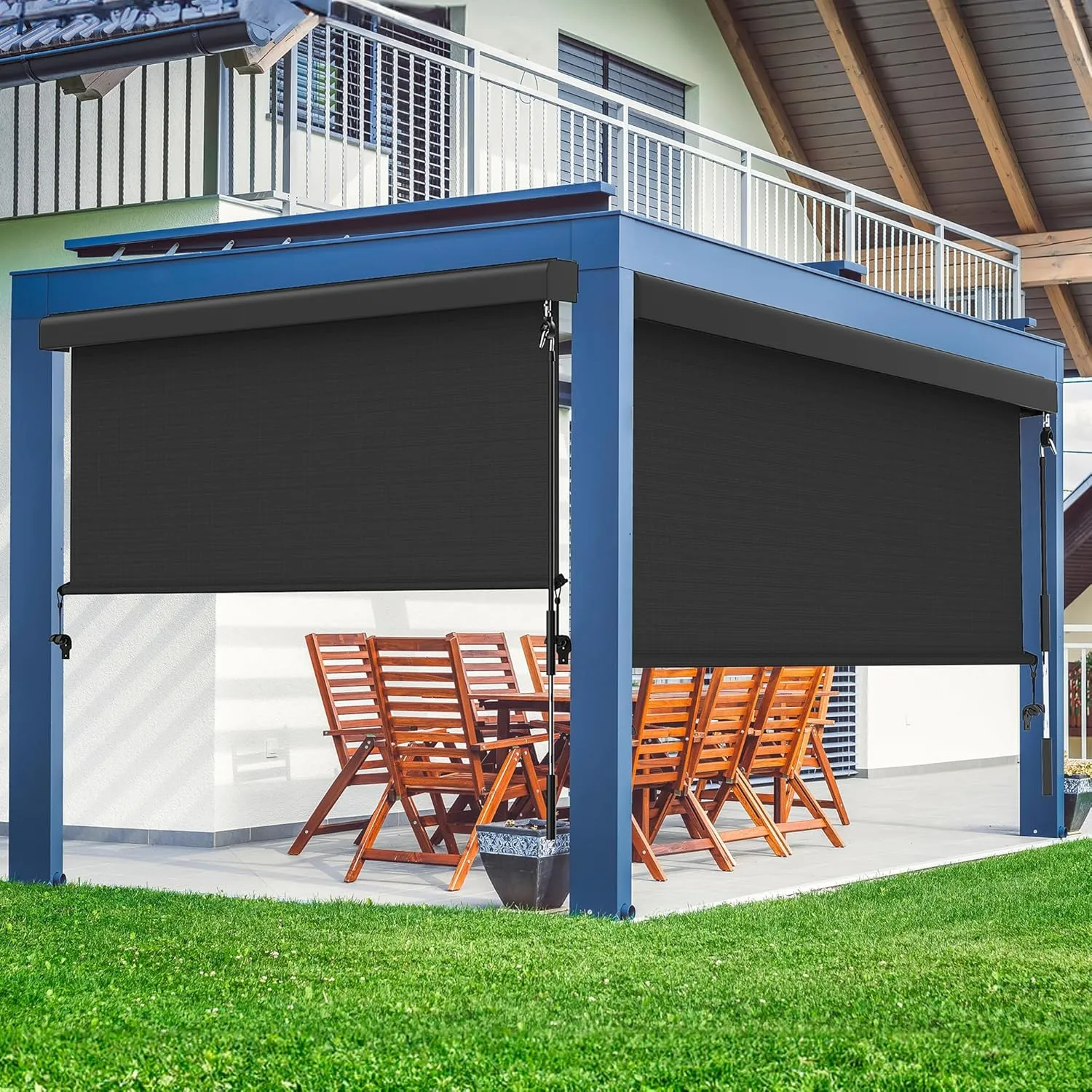 Outdoor Roller Shade for Patio with Aluminum Valance, (10'W X 8'H) 420GSM New Material Patio Blinds with 95% UV Blockout, Outdoor Blinds with Crank Handle for Shading, Privacy Protection, Black