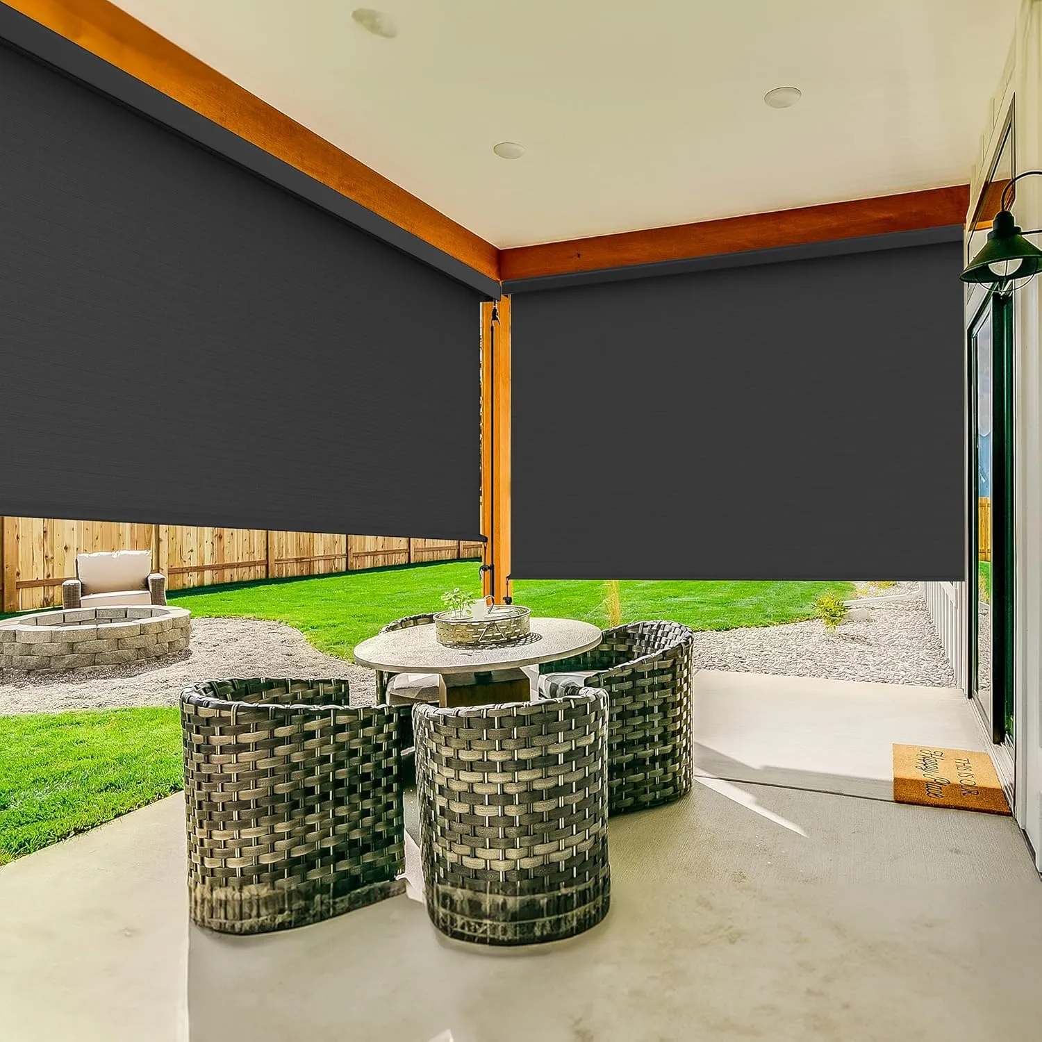 Outdoor Roller Shade for Patio with Aluminum Valance, (10'W X 8'H) 420GSM New Material Patio Blinds with 95% UV Blockout, Outdoor Blinds with Crank Handle for Shading, Privacy Protection, Black