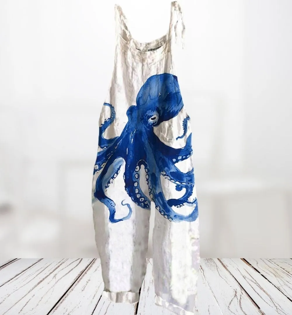 Overalls for Women Japanese Art Printed Sleeveless Spaghetti Strap Jumpsuits Wide Leg Bib Romper with Pockets