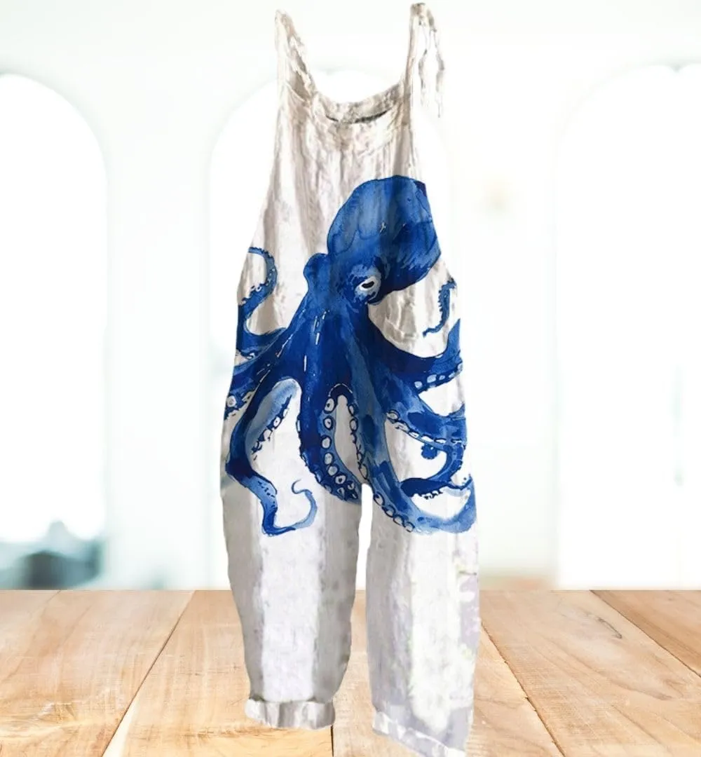 Overalls for Women Japanese Art Printed Sleeveless Spaghetti Strap Jumpsuits Wide Leg Bib Romper with Pockets