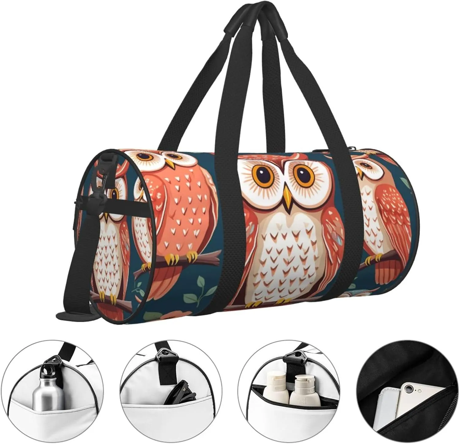 Owl Pattern Printed Travel Bag,Round Personal Item Storage bag,Foldie Duffel Bag for Traveling Vacation,Fitness,Sports