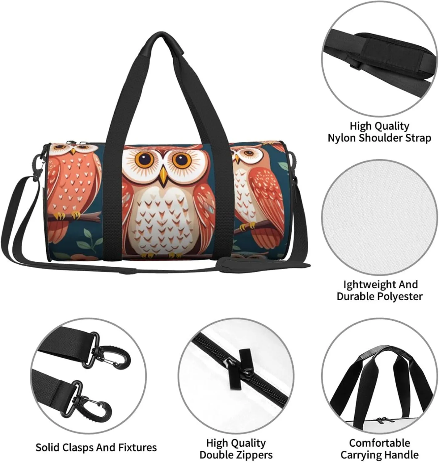 Owl Pattern Printed Travel Bag,Round Personal Item Storage bag,Foldie Duffel Bag for Traveling Vacation,Fitness,Sports