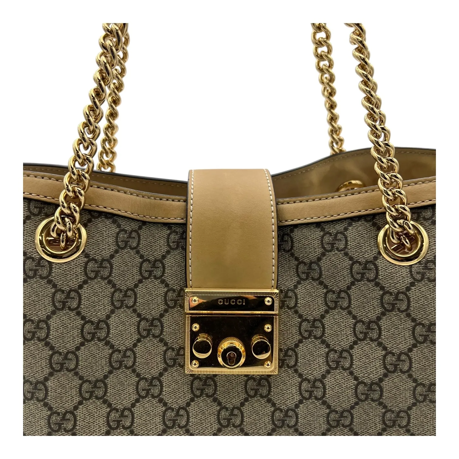 Padlock Tote Bag Beige in Coated Canvas, Gold hardware