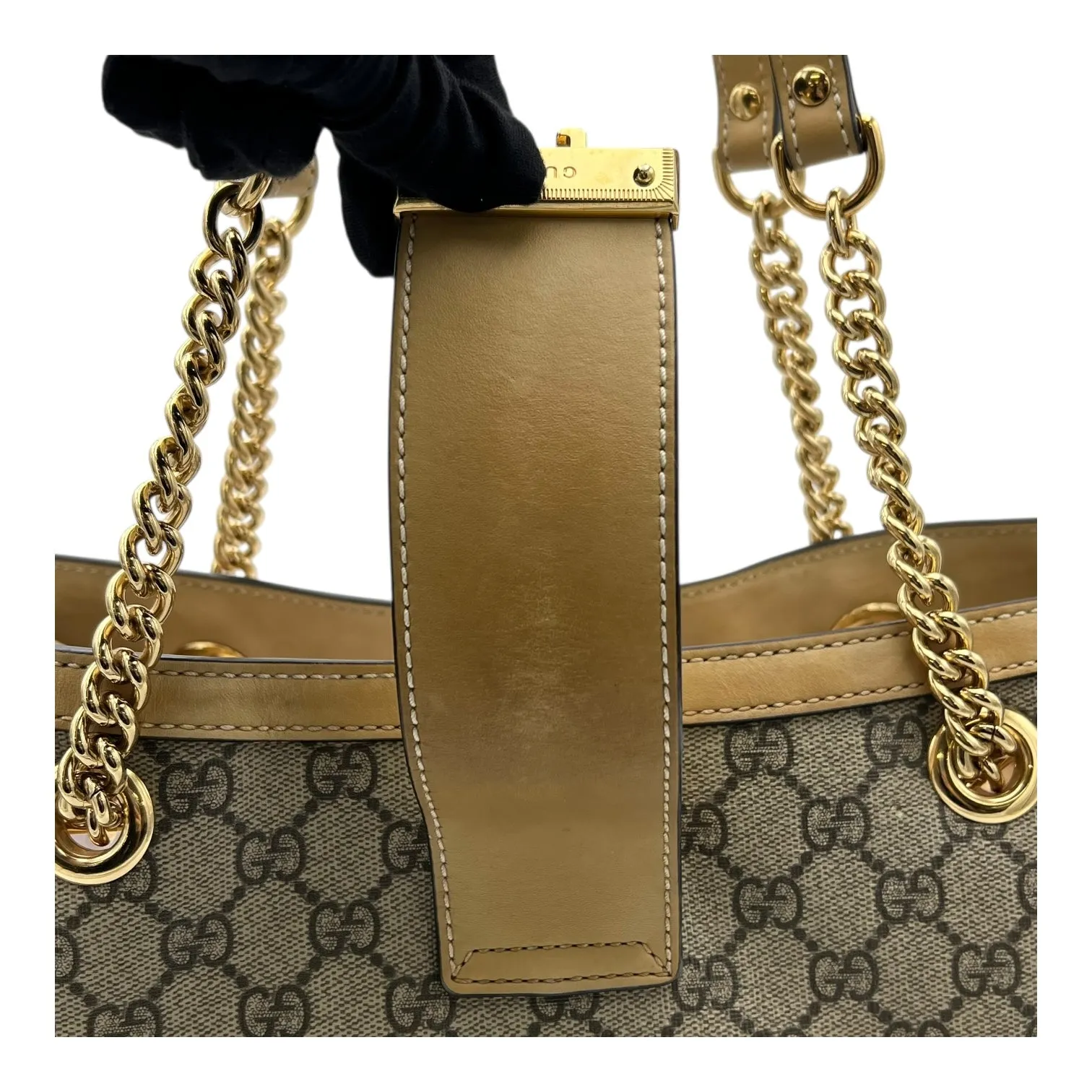Padlock Tote Bag Beige in Coated Canvas, Gold hardware