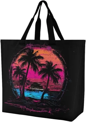 Palm Trees Vintage Sunrise Large Tote Bag for Women Shoulder HandBag Shopping Purse for Travel Work Gym