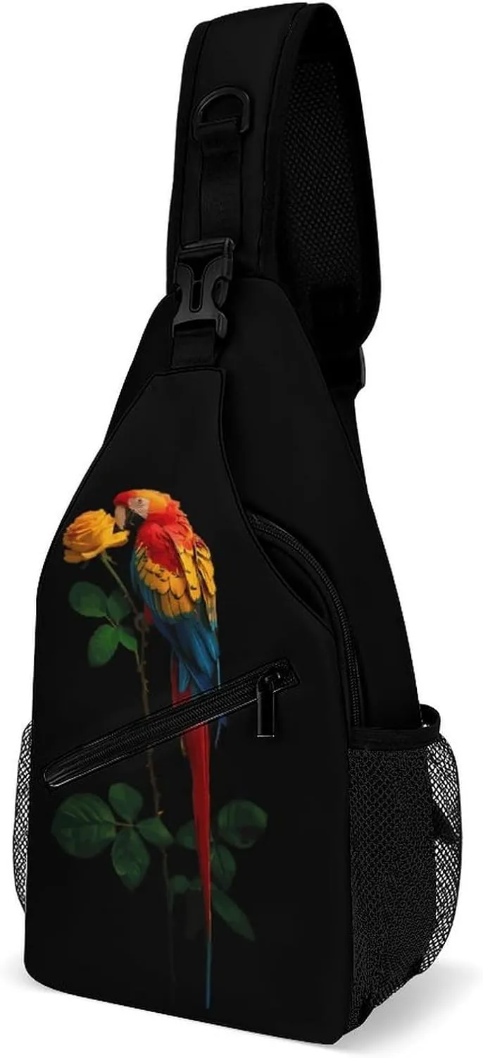 Parrot Bird Rose Flower Crossbody Sling Bags Shoulder Backpack Chest DayPack Handbag