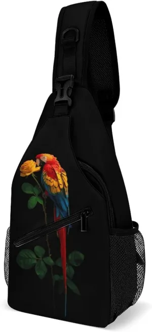 Parrot Bird Rose Flower Crossbody Sling Bags Shoulder Backpack Chest DayPack Handbag