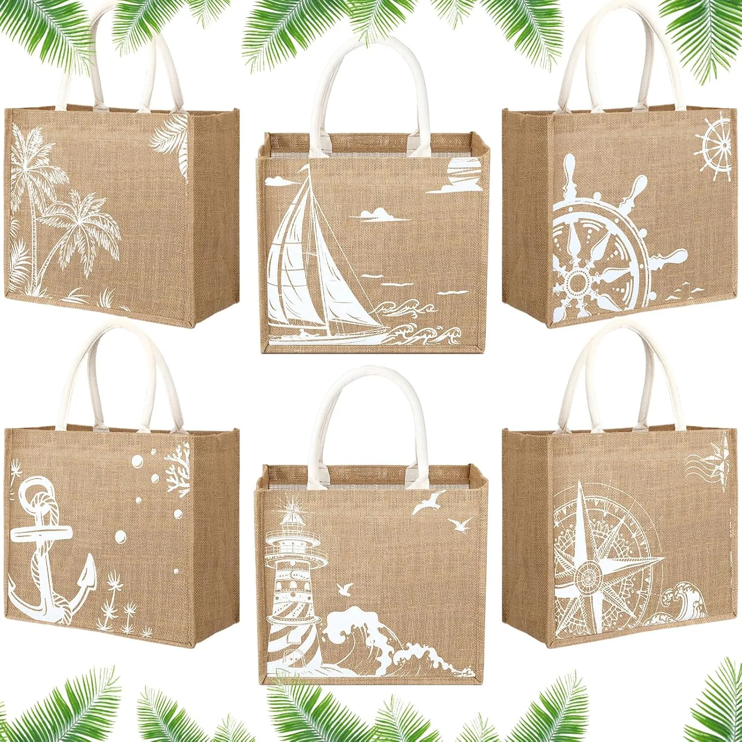 Paterr 6 Pack Beach Burlap Tote Bags Bulk Large Beach Jute Tote Bag with Handles for Women 14.2" x 12.6" x 7.5" for DIY Summer Travel Bridesmaid Wedding Shopping Cruise Gift, 6 designs