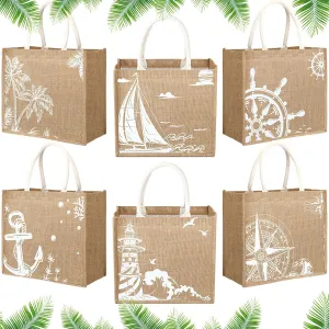 Paterr 6 Pack Beach Burlap Tote Bags Bulk Large Beach Jute Tote Bag with Handles for Women 14.2" x 12.6" x 7.5" for DIY Summer Travel Bridesmaid Wedding Shopping Cruise Gift, 6 designs