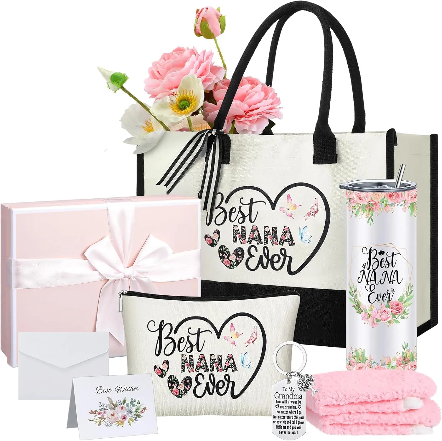 Paterr 7 Pcs Best Grandma Nana Gifts 20oz Stainless Steel Tumbler Tote Bag Sock Keychain Gift Card for Mother's Day