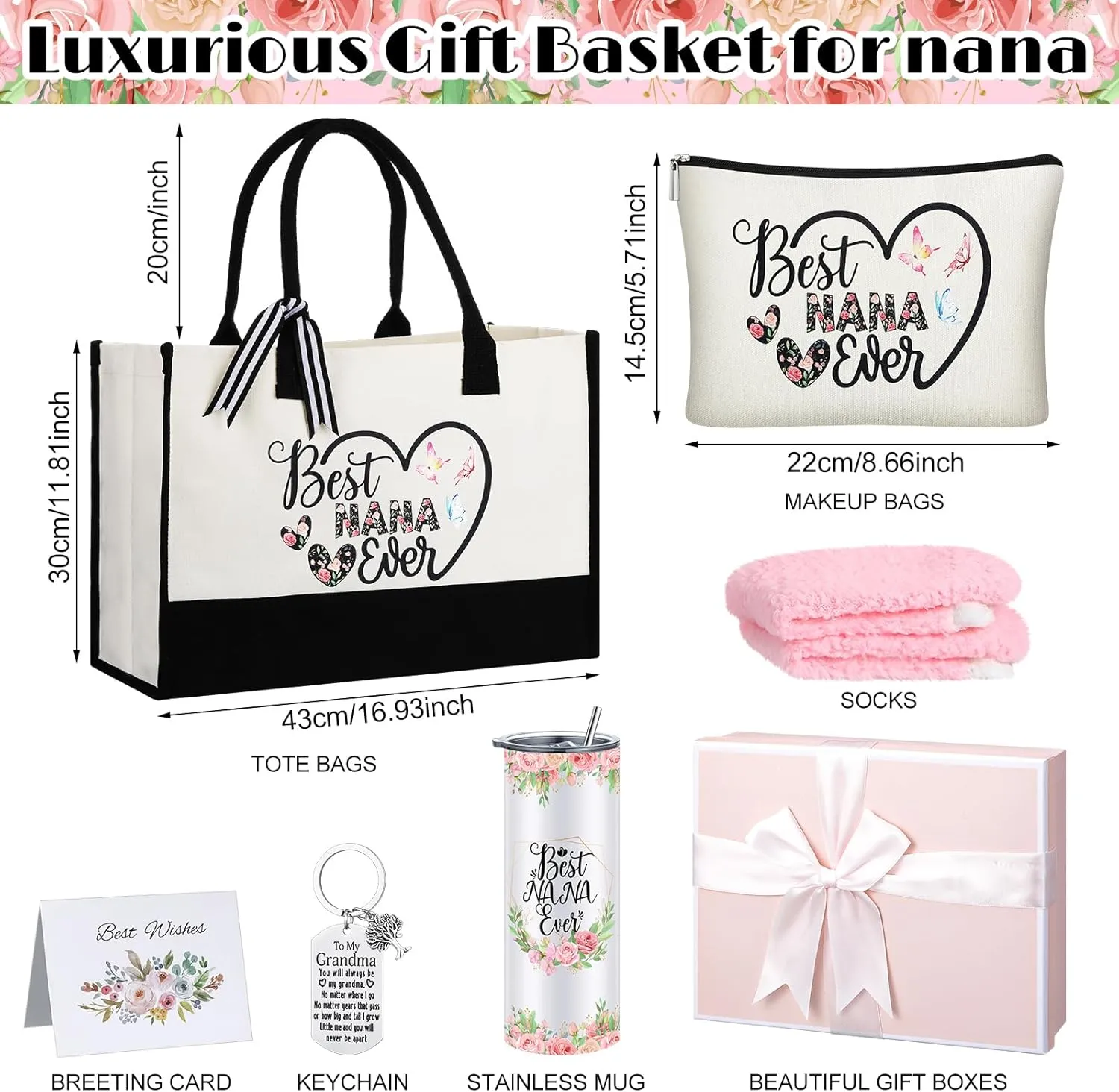 Paterr 7 Pcs Best Grandma Nana Gifts 20oz Stainless Steel Tumbler Tote Bag Sock Keychain Gift Card for Mother's Day