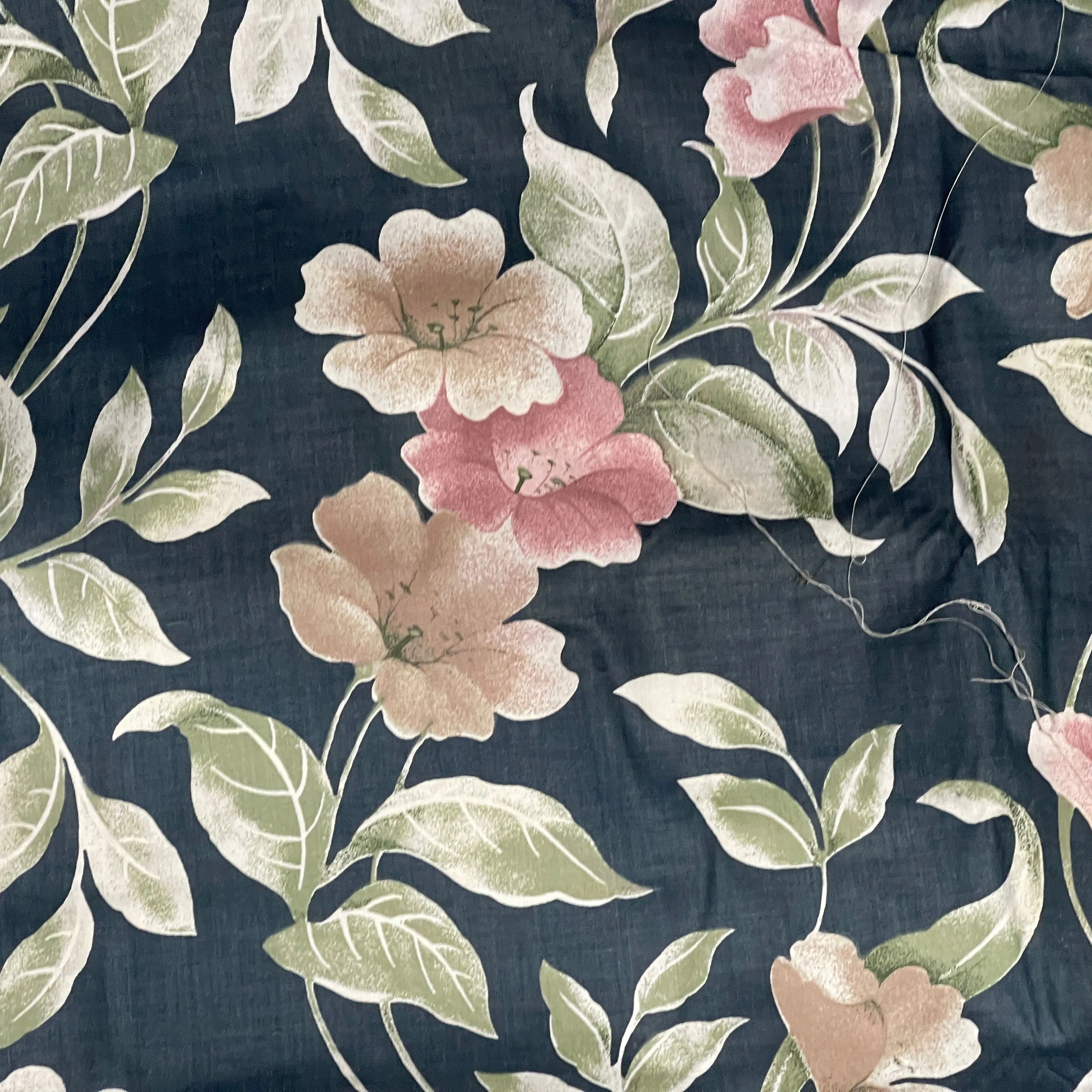 Peach Floral Flowers Print Vintage Cotton Fabric, Navy
