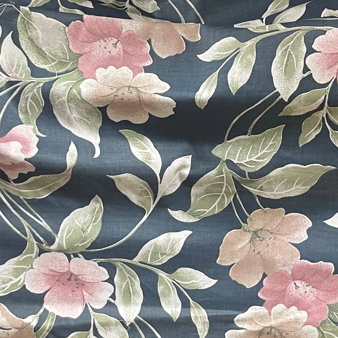 Peach Floral Flowers Print Vintage Cotton Fabric, Navy