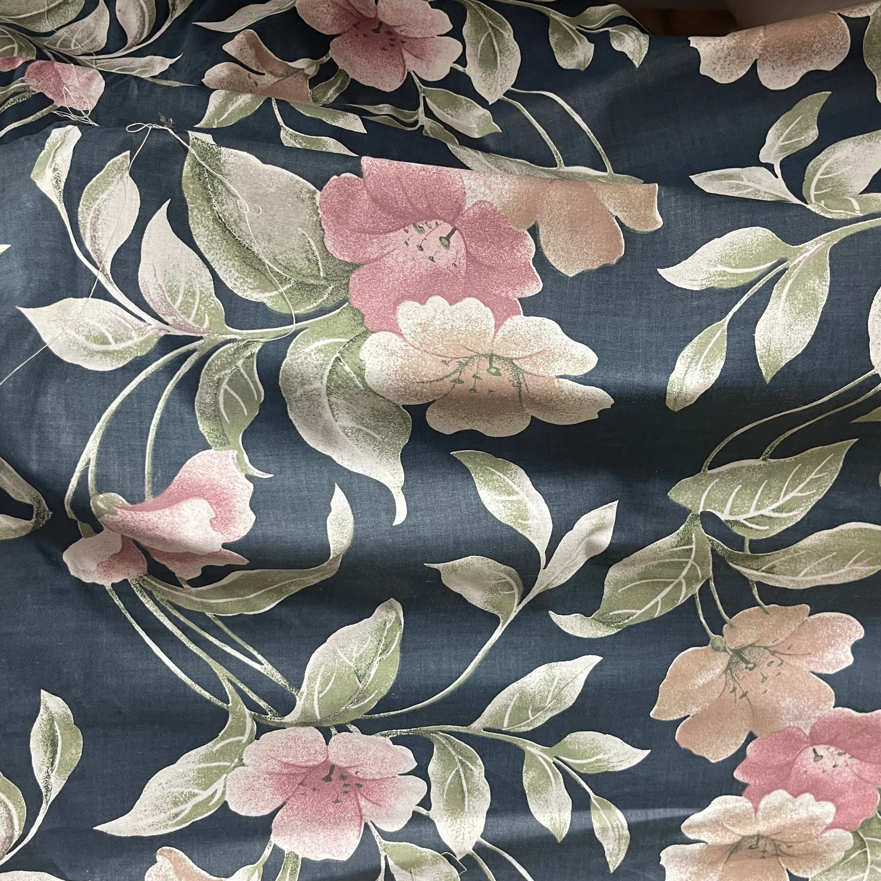 Peach Floral Flowers Print Vintage Cotton Fabric, Navy