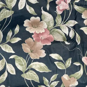 Peach Floral Flowers Print Vintage Cotton Fabric, Navy