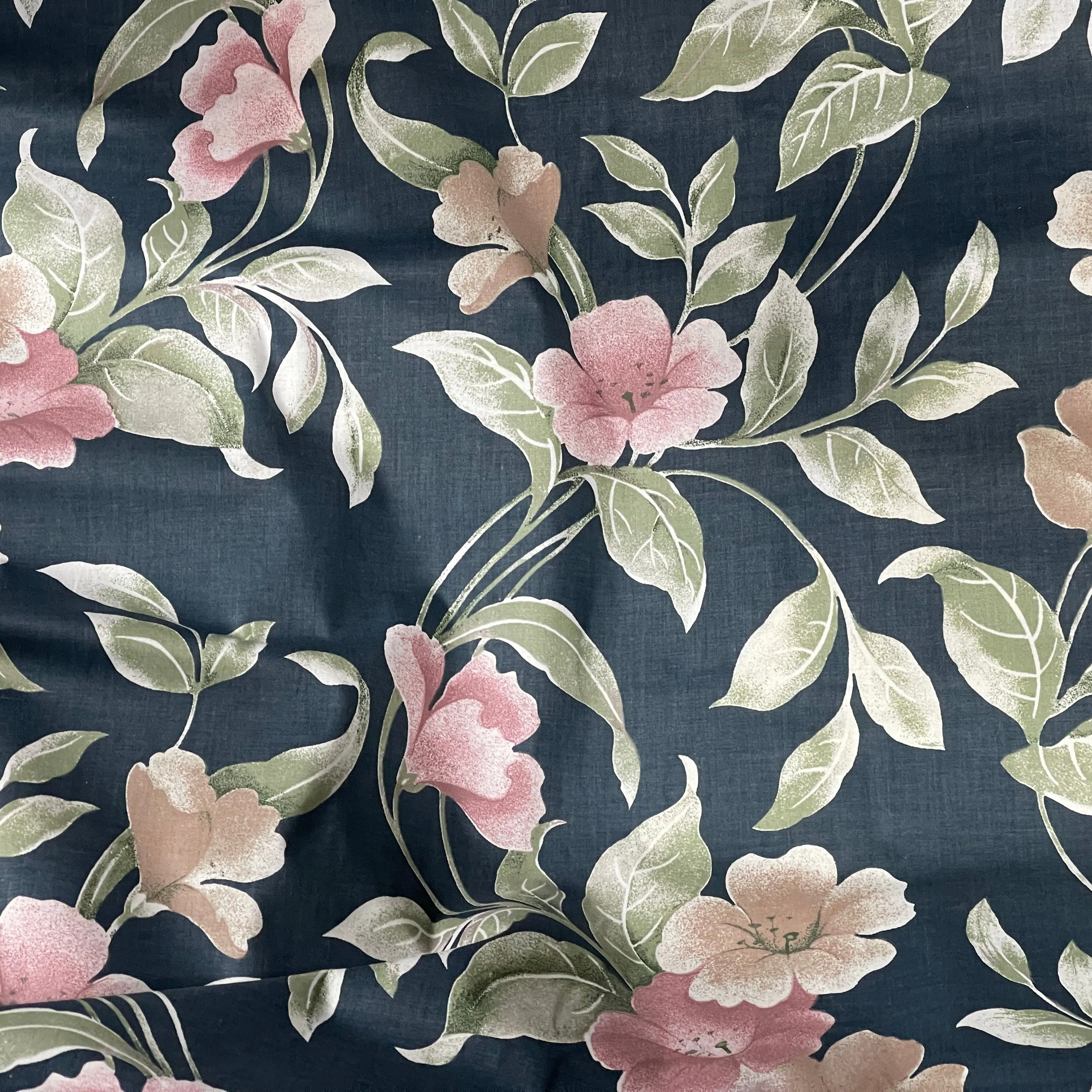 Peach Floral Flowers Print Vintage Cotton Fabric, Navy