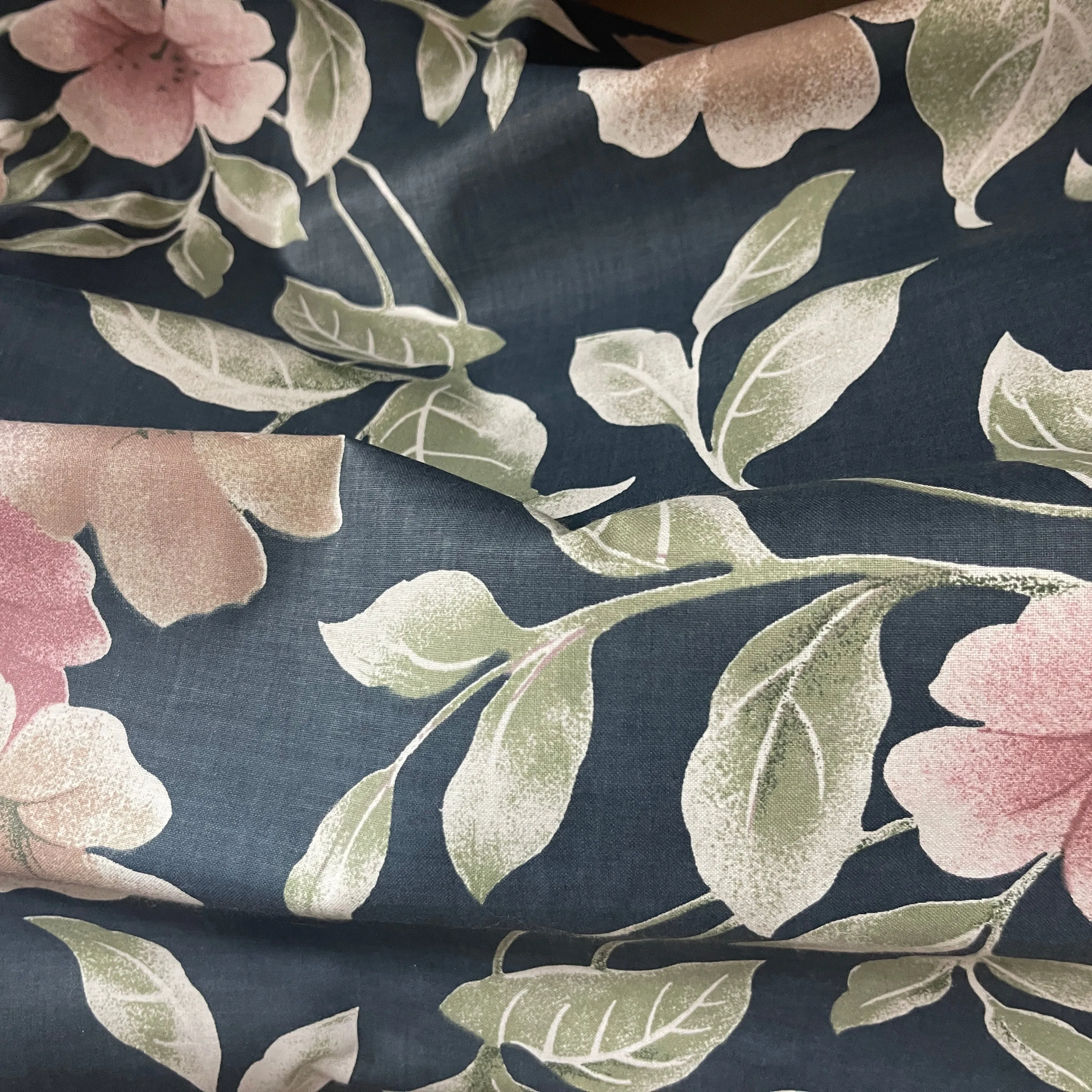 Peach Floral Flowers Print Vintage Cotton Fabric, Navy