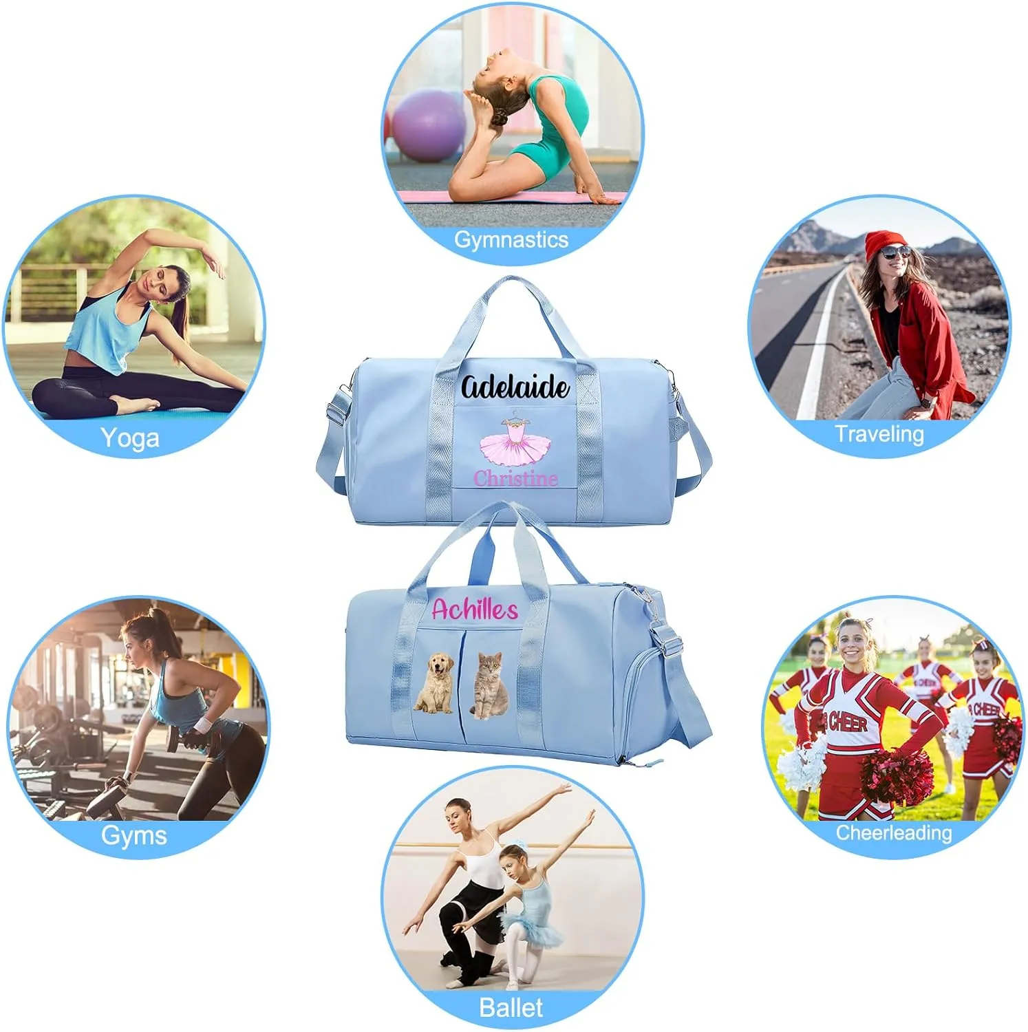 Personalized Ballet Duffle Bag for Women Girls,Custom Sport Gym Travel Bags Printed Name Text,Customized Dry Wet Separated Overnight Weekender Waterproof Bag Gift - Blue