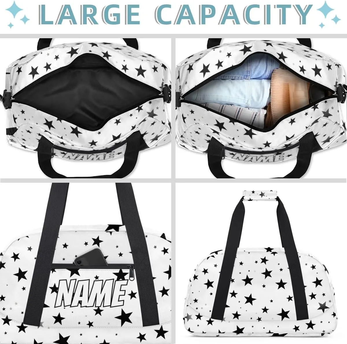 Personalized Custom Gym Bag for Women Men Carry on Black White Star Travel Duffel Tote 4th Of July Overnight Workout Weekender Bag