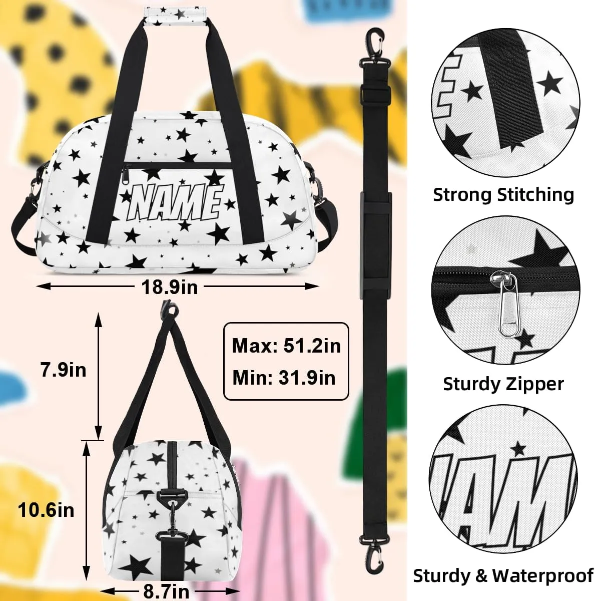 Personalized Custom Gym Bag for Women Men Carry on Black White Star Travel Duffel Tote 4th Of July Overnight Workout Weekender Bag