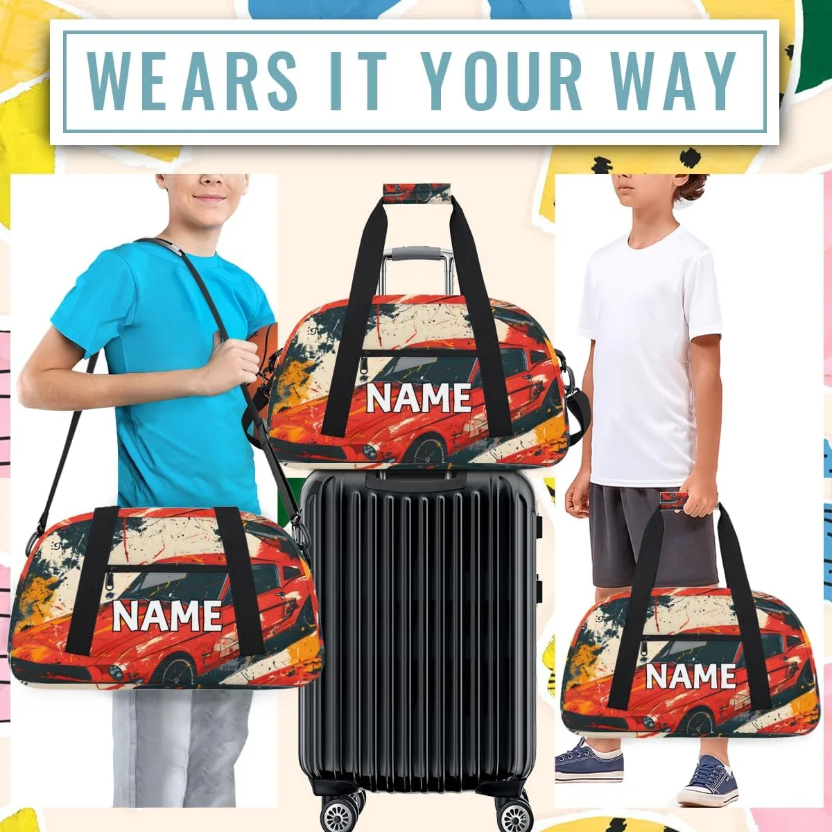 Personalized Custom Gym Bag for Women Men Carry on Classic Car Travel Duffel Tote Retro Racing Design Overnight Workout Weekender Bag