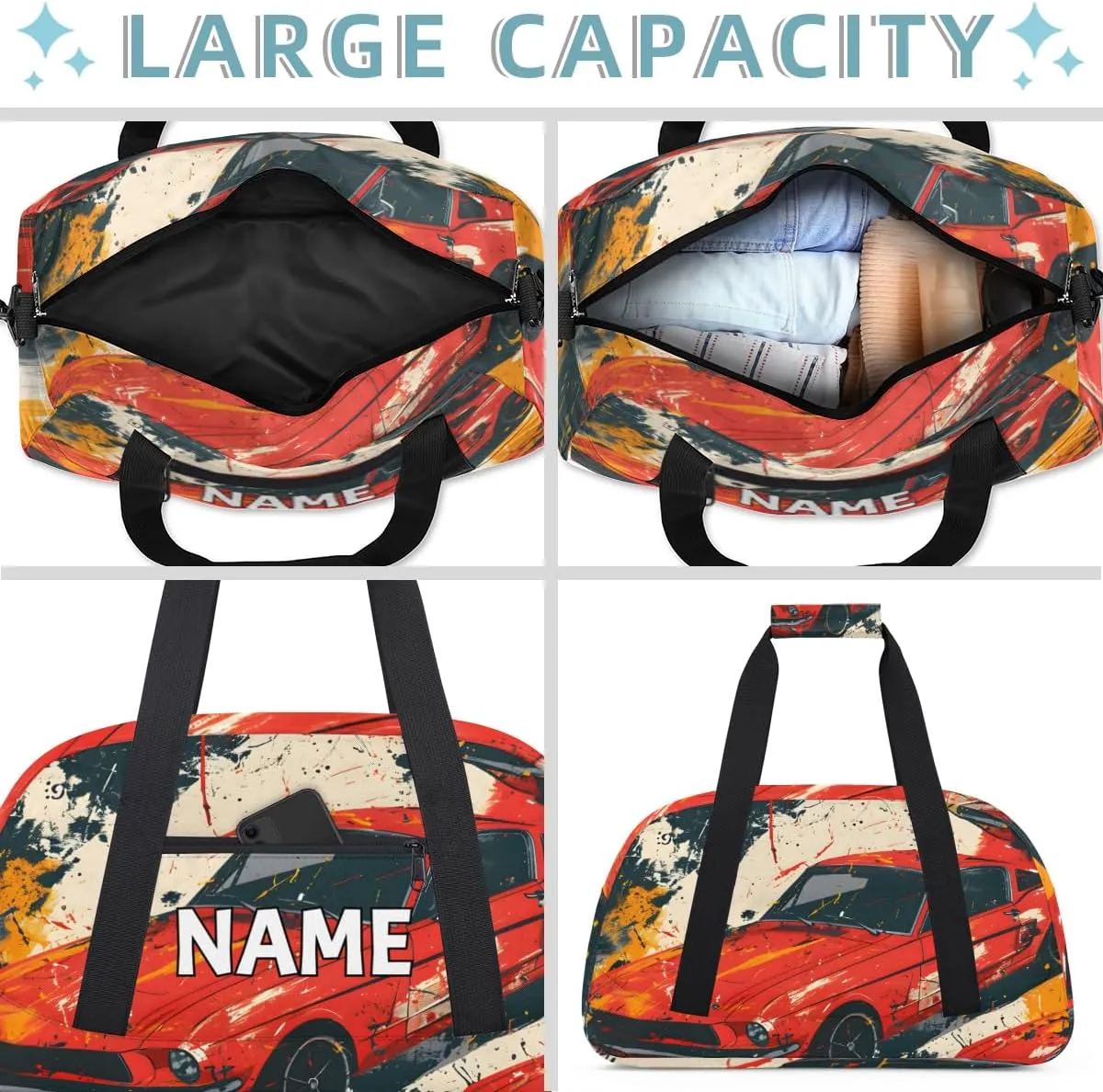 Personalized Custom Gym Bag for Women Men Carry on Classic Car Travel Duffel Tote Retro Racing Design Overnight Workout Weekender Bag