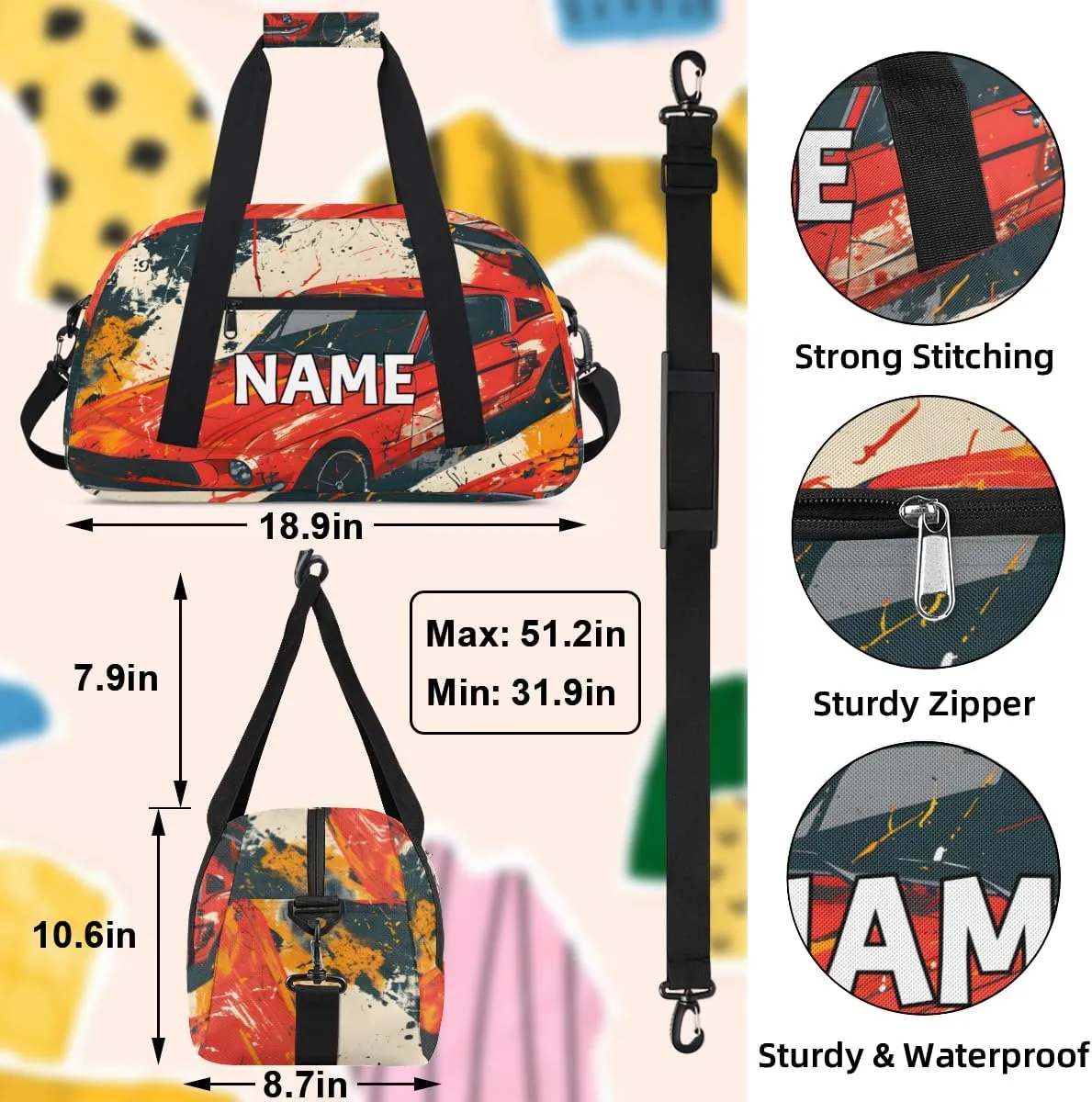 Personalized Custom Gym Bag for Women Men Carry on Classic Car Travel Duffel Tote Retro Racing Design Overnight Workout Weekender Bag