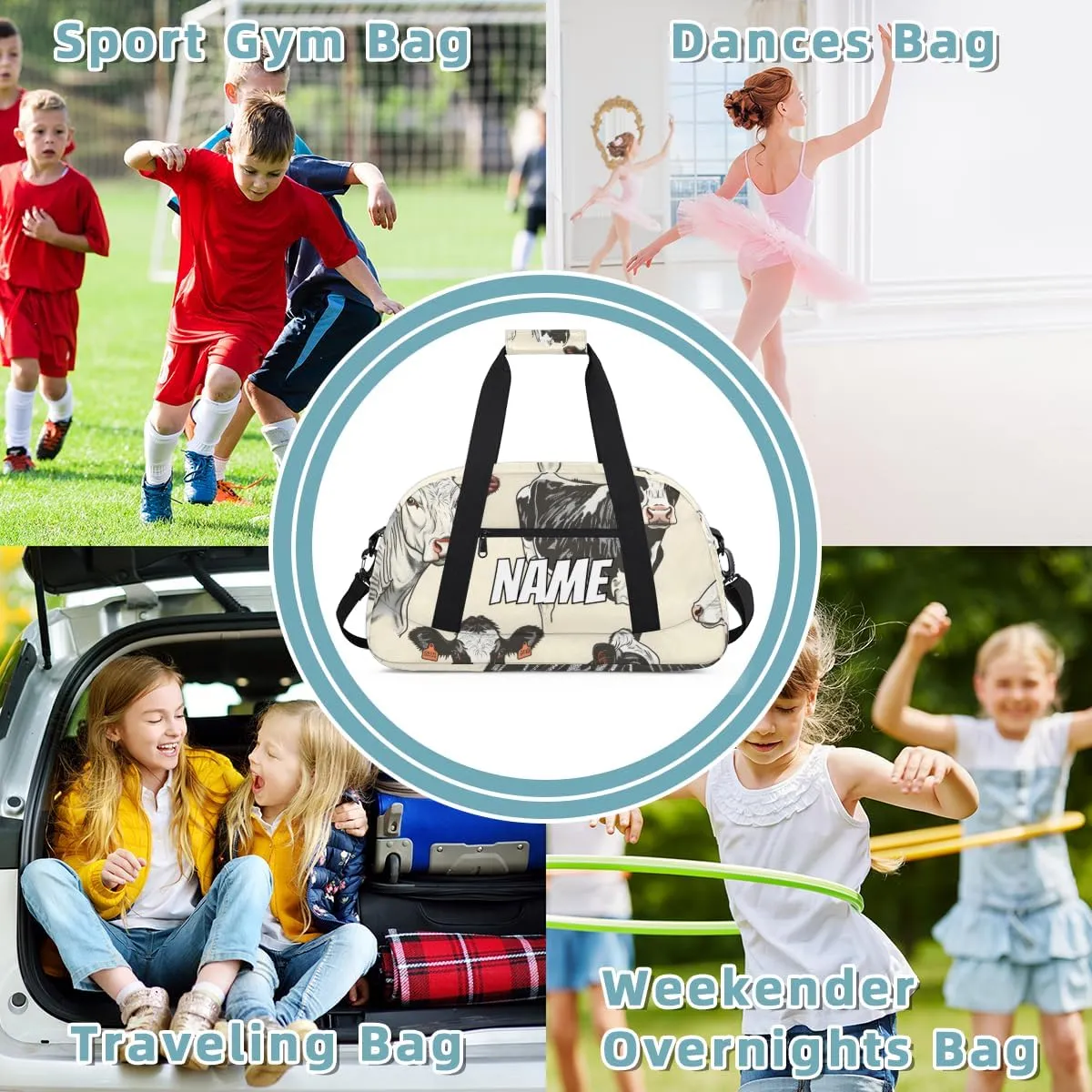 Personalized Custom Gym Bag for Women Men Carry on Funny Farmhouse Cow Travel Duffel Tote Black White Overnight Workout Weekender Bag
