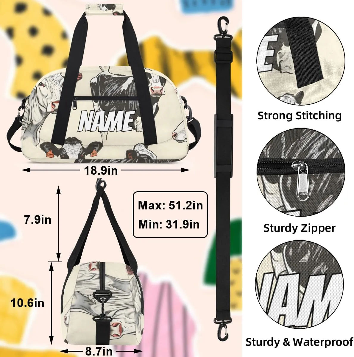 Personalized Custom Gym Bag for Women Men Carry on Funny Farmhouse Cow Travel Duffel Tote Black White Overnight Workout Weekender Bag