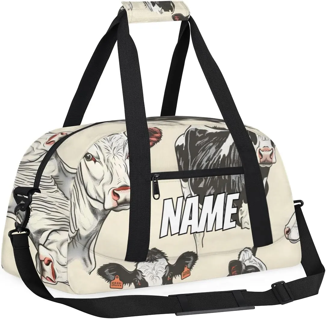 Personalized Custom Gym Bag for Women Men Carry on Funny Farmhouse Cow Travel Duffel Tote Black White Overnight Workout Weekender Bag