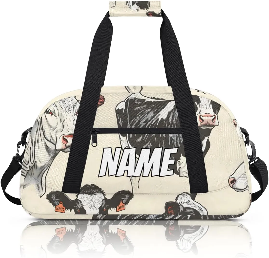 Personalized Custom Gym Bag for Women Men Carry on Funny Farmhouse Cow Travel Duffel Tote Black White Overnight Workout Weekender Bag