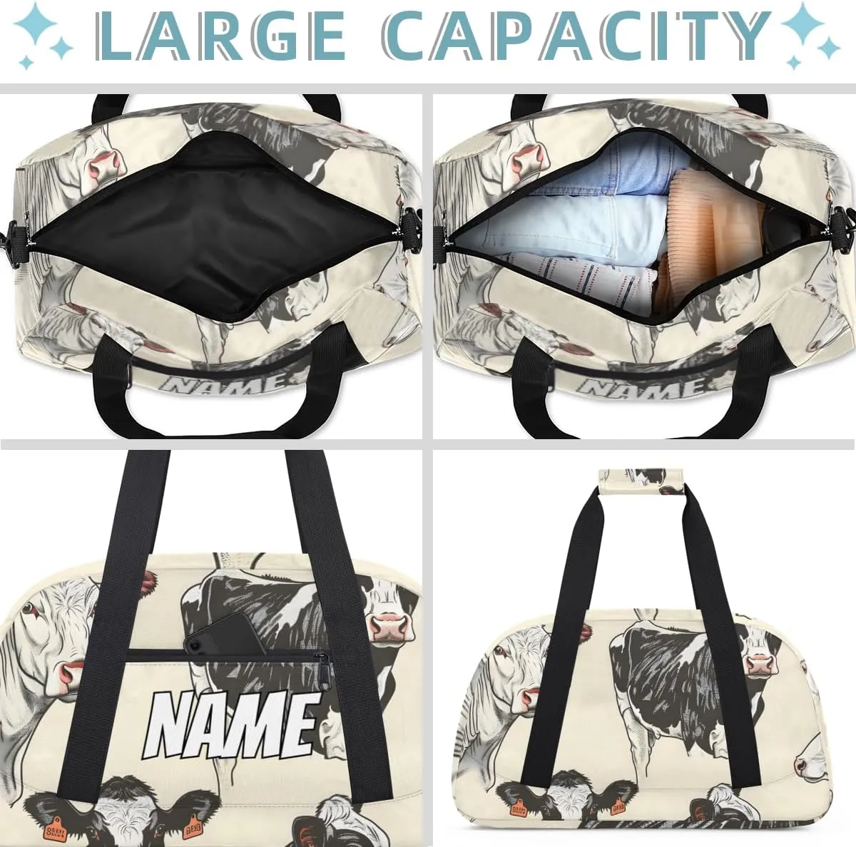 Personalized Custom Gym Bag for Women Men Carry on Funny Farmhouse Cow Travel Duffel Tote Black White Overnight Workout Weekender Bag