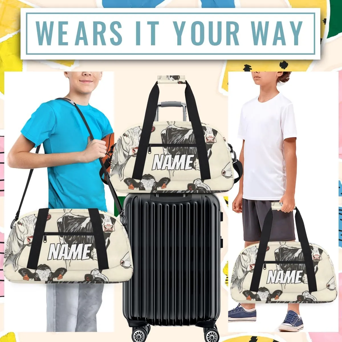 Personalized Custom Gym Bag for Women Men Carry on Funny Farmhouse Cow Travel Duffel Tote Black White Overnight Workout Weekender Bag