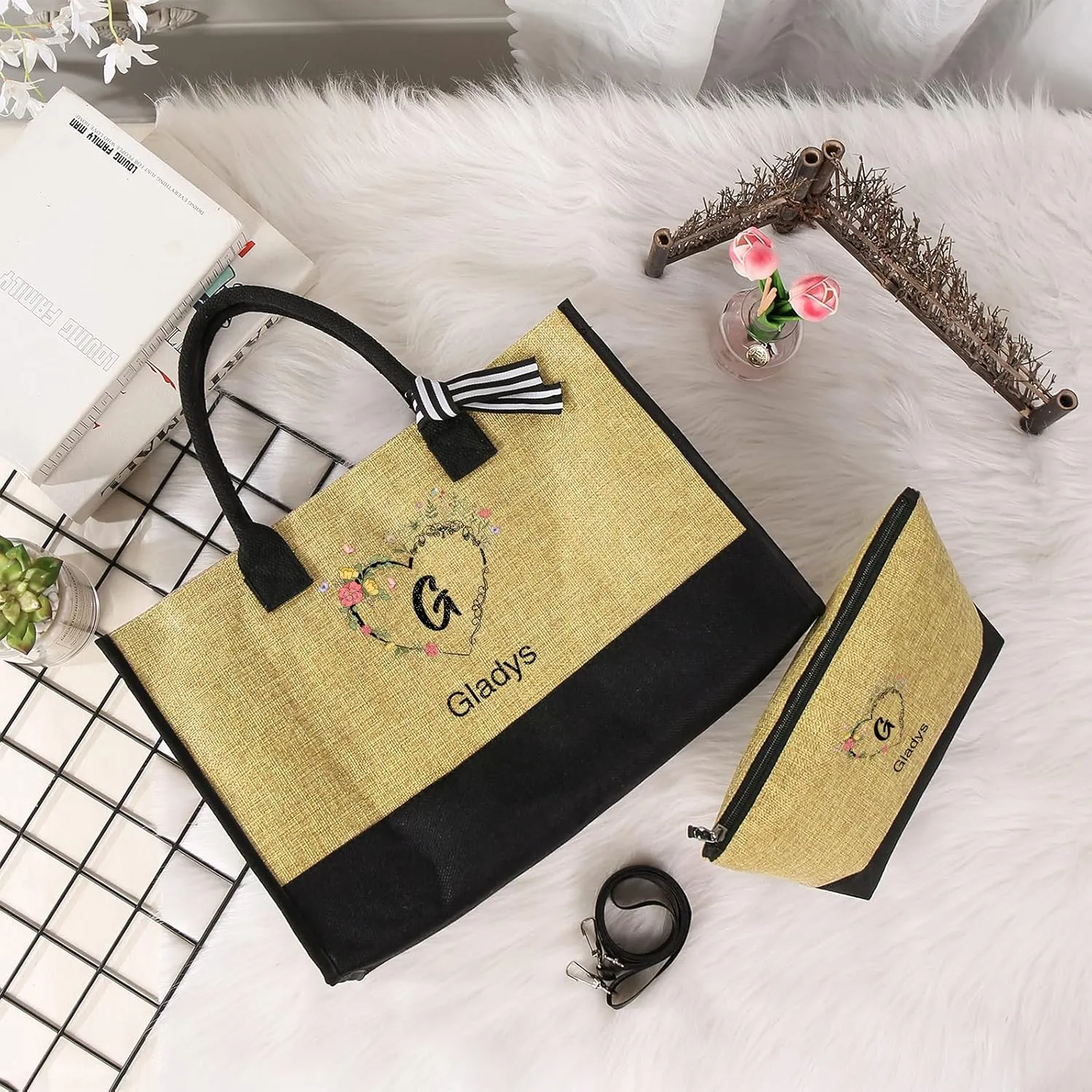 Personalized Initial Tote Bags for Women - Custom Name Tote Bag Birthday Gifts for Mom Teacher Appreciation Gifts