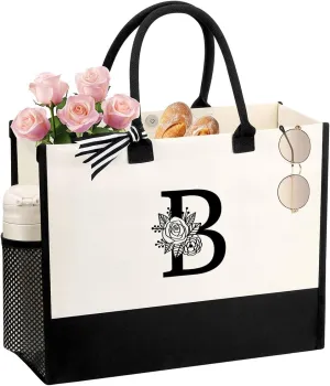 Personalized Name Tote Bag for Women, Birthday Best Friend Bridesmaid Gifts for Women Canvas Initial Tote Bags