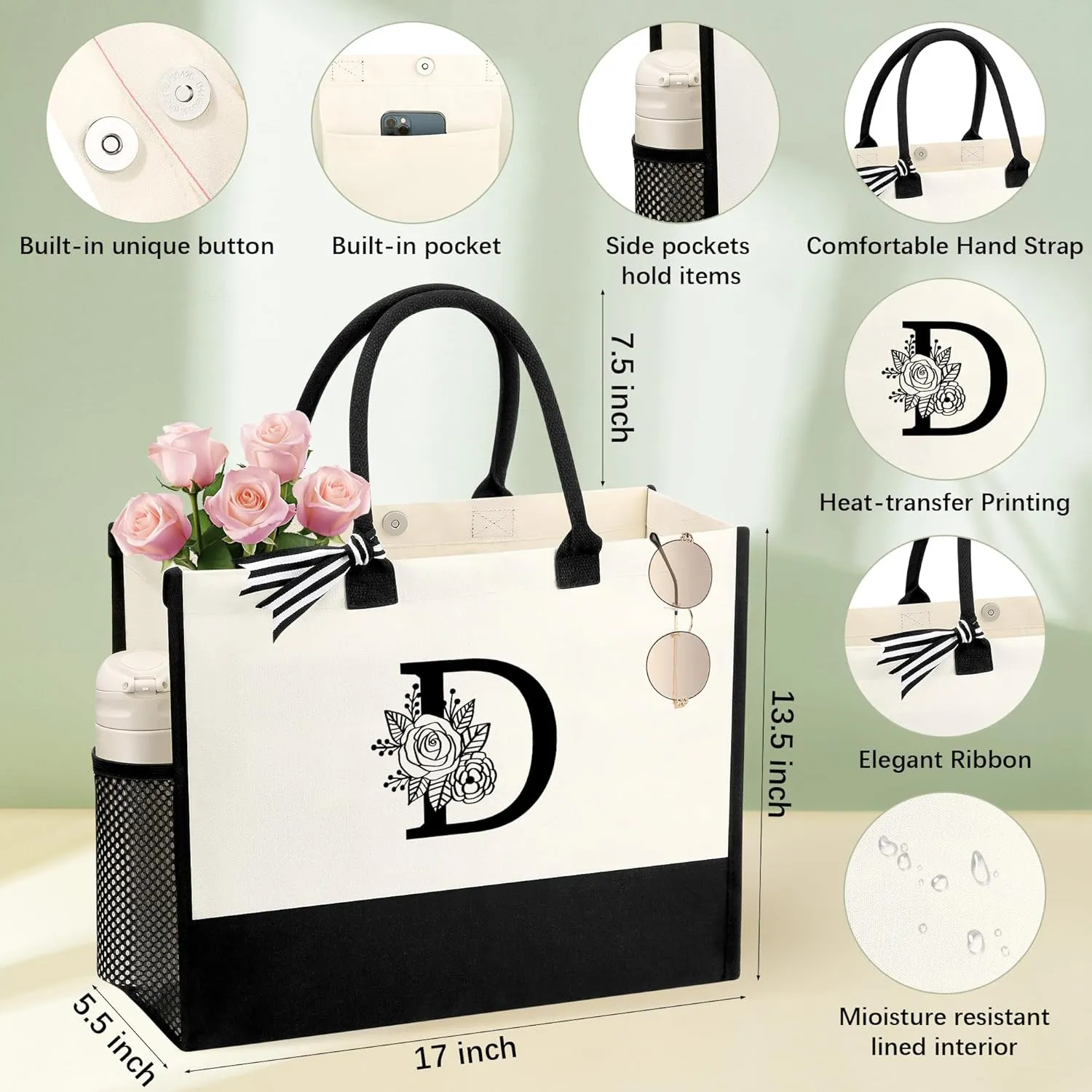 Personalized Name Tote Bag for Women, Birthday Best Friend Bridesmaid Gifts for Women Canvas Initial Tote Bags