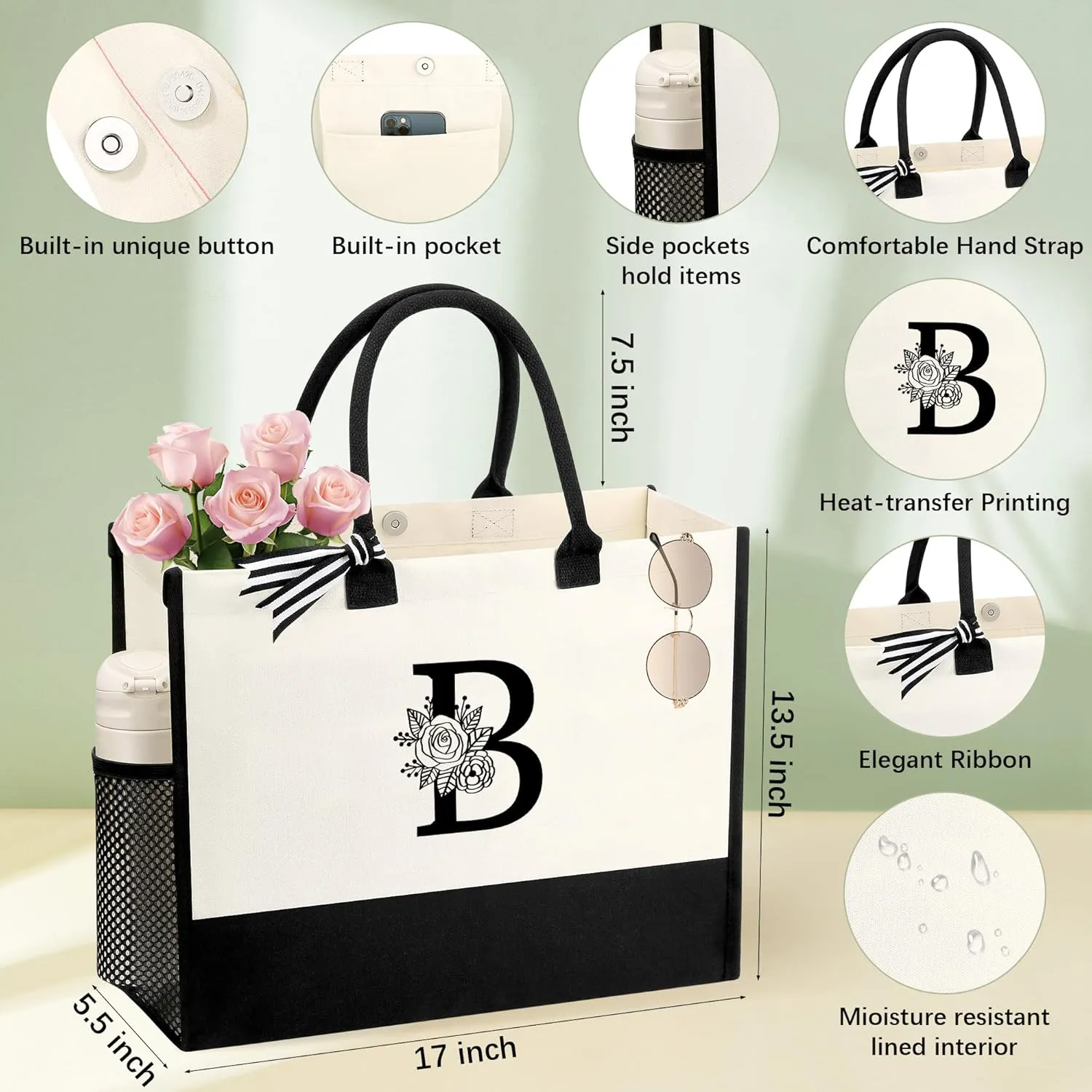 Personalized Name Tote Bag for Women, Birthday Best Friend Bridesmaid Gifts for Women Canvas Initial Tote Bags