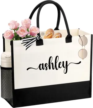 Personalized Name Tote Bag for Women, Birthday Best Friend Bridesmaid Gifts for Women Canvas Initial Tote Bags