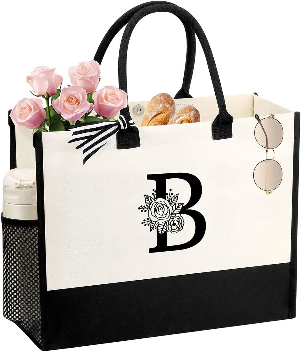 Personalized Name Tote Bag for Women, Birthday Best Friend Bridesmaid Gifts for Women Canvas Initial Tote Bags