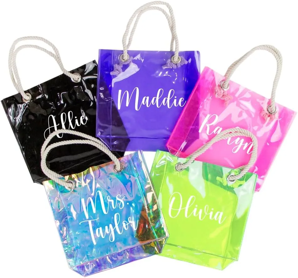 Personalized Neon Clear Tote Bag with Rope Handles Made in the USA for Wedding, Bachelorette Party & Travel