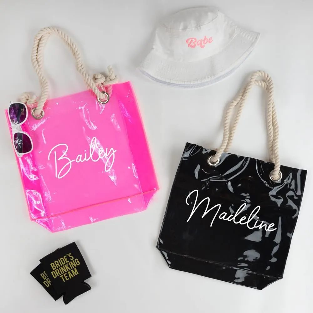 Personalized Neon Clear Tote Bag with Rope Handles Made in the USA for Wedding, Bachelorette Party & Travel