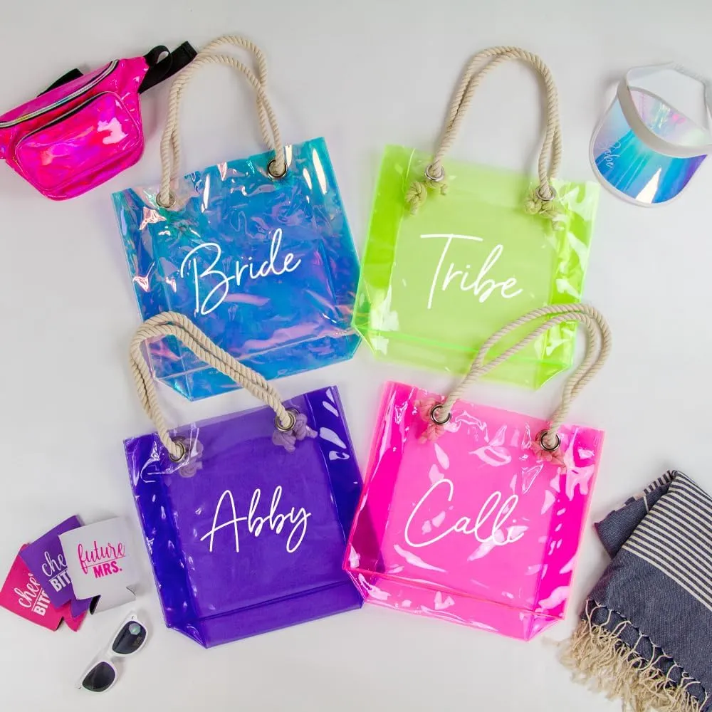 Personalized Neon Clear Tote Bag with Rope Handles Made in the USA for Wedding, Bachelorette Party & Travel