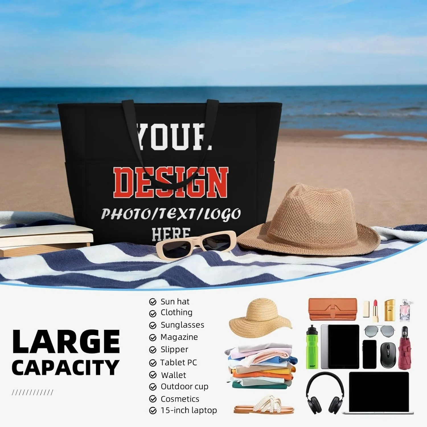 Personalized Tote Bag for Women Add Your Photo Text Logo Custom Tote Handbag Shoulder Bag for Shopping Beach Travel