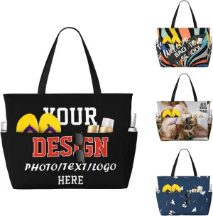 Personalized Tote Bag for Women Add Your Photo Text Logo Custom Tote Handbag Shoulder Bag for Shopping Beach Travel