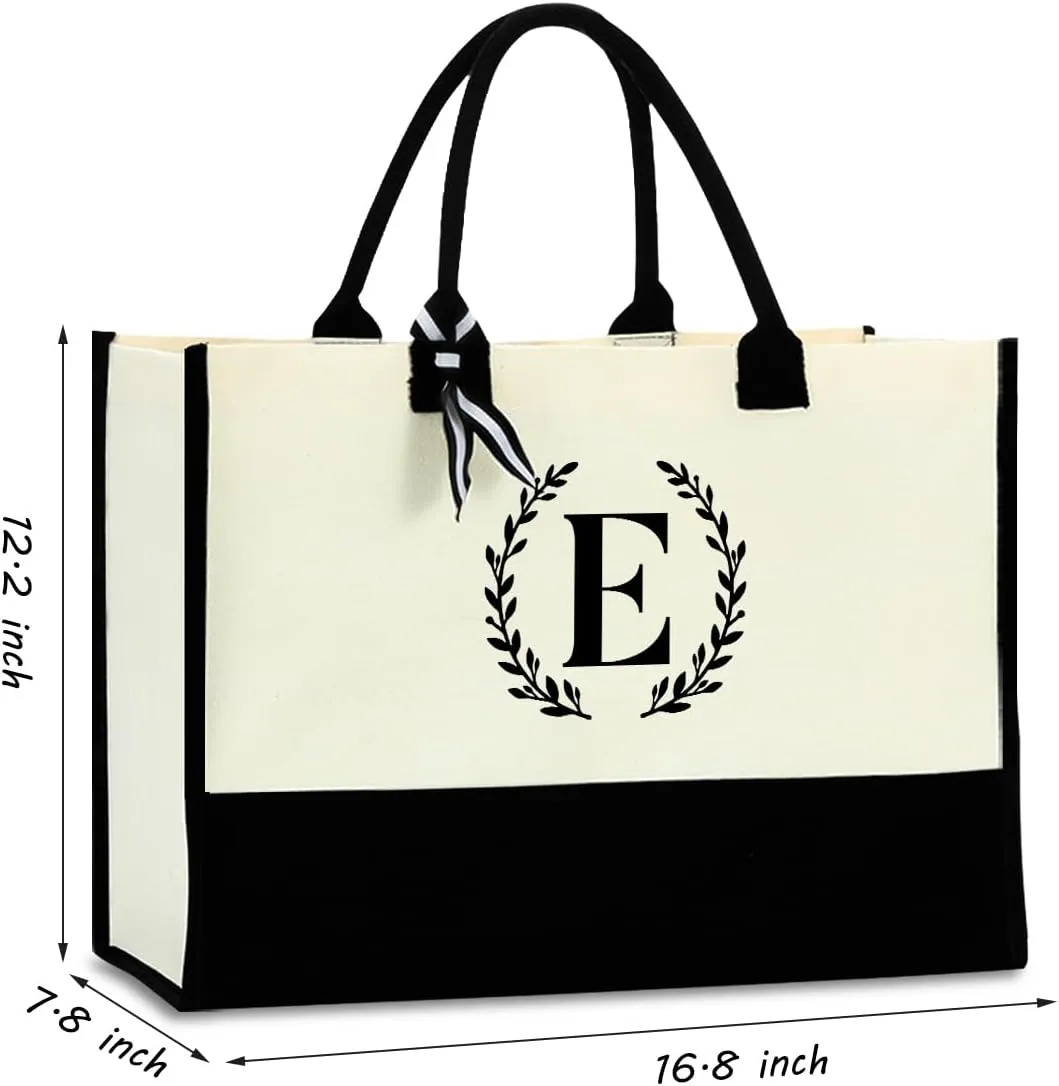 Personalized Tote Bag, Monogrammed Gifts for Women Bride Initial Reusable Grocery Bags for Wedding Bridal Shower