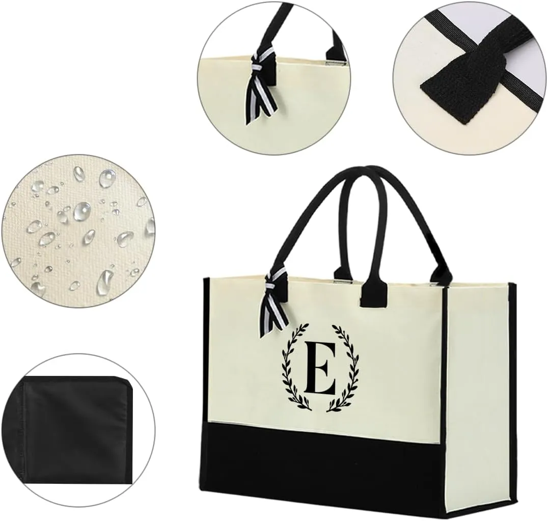 Personalized Tote Bag, Monogrammed Gifts for Women Bride Initial Reusable Grocery Bags for Wedding Bridal Shower