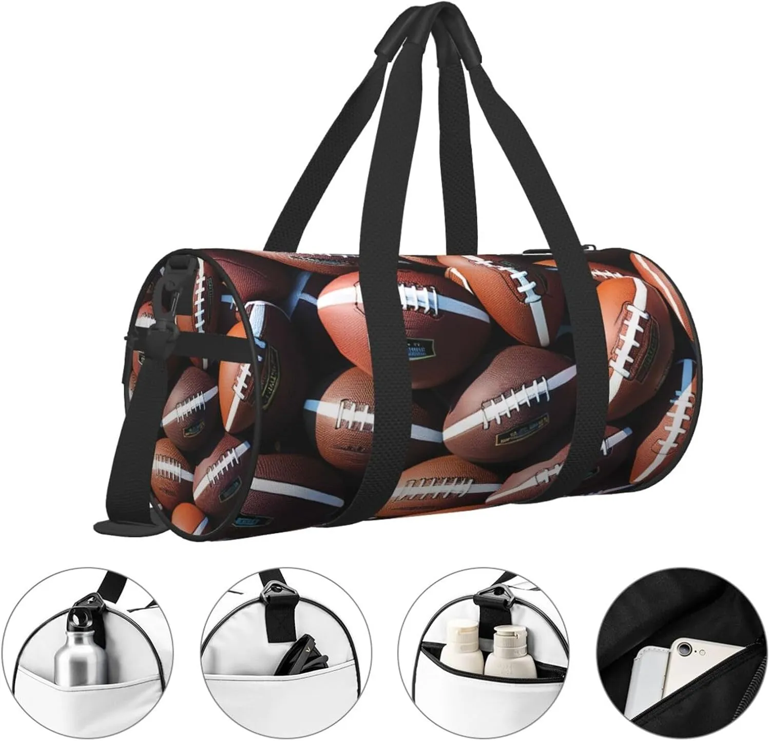 Pile of footballs Printed Travel Bag,Round Personal Item Storage bag,Foldie Duffel Bag for Traveling Vacation,Fitness,Sports