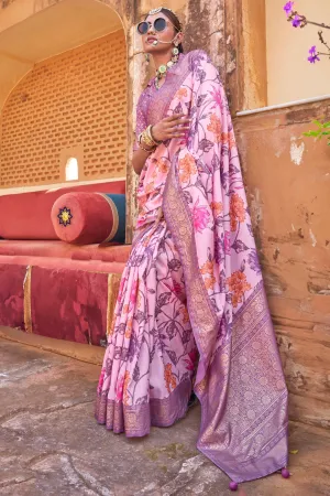Pink Floral Printed Art Silk Classic Saree