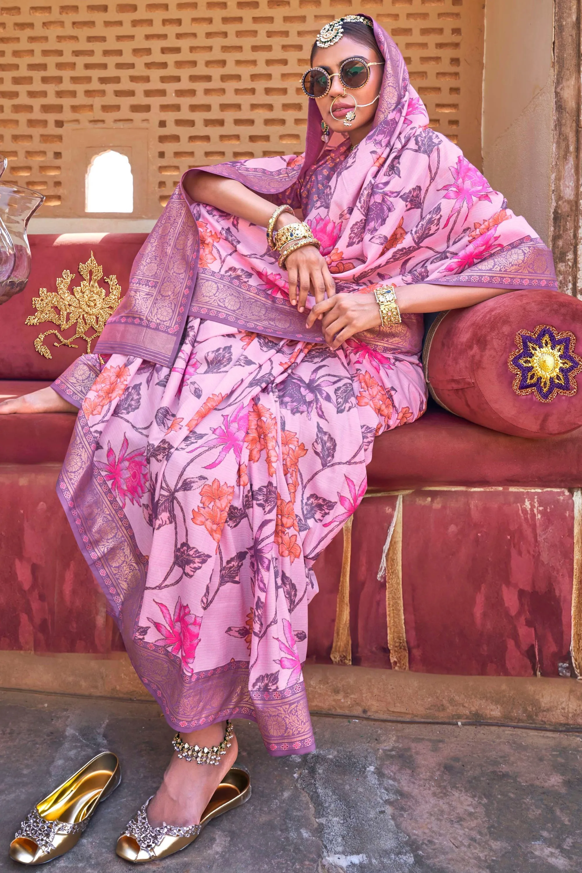 Pink Floral Printed Art Silk Classic Saree