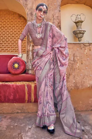 Pink Floral Printed Art Silk Festive Wear Saree With Blouse